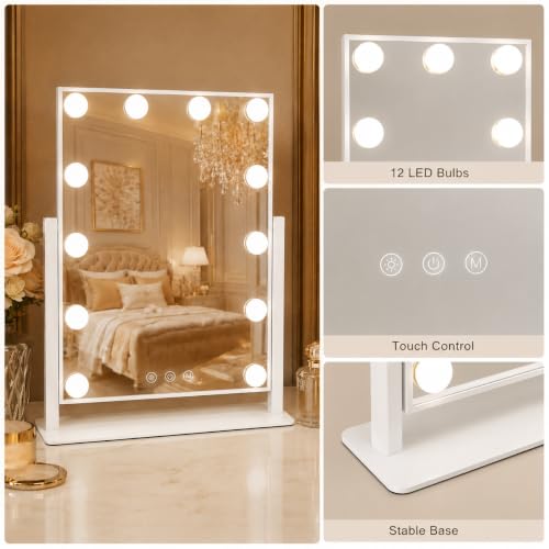 FENNIO Lighted Vanity Mirror, 13" x 16", 12 LED Bulbs, White | Vertical 12-light makeup mirror with 360° rotation, compact size, and a clean white vanity look. - size: 13"L x 17"W