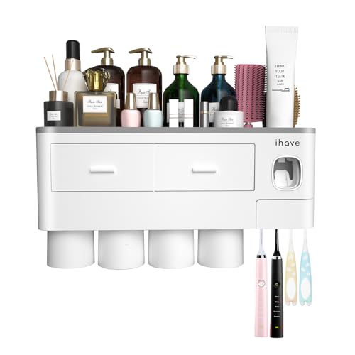 iHave Toothbrush Holders Wall Mounted with Toothpaste Dispenser & 4 Cups | All-in-One Bathroom Organizer: 4 Cups, 7 Slots, Toothpaste Dispenser, Large Tray & Drawer. Wall Mount, No Drilling Required - color: White, size: 4 cup
