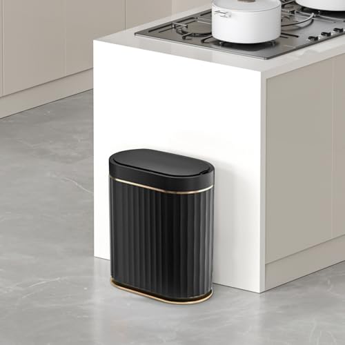 ELPHECO Black Bathroom Trash Can with Lid 2 Gallon Sensor Trash Bin, Automatic Narrow Garbage Can, Waterproof Smart Trash Can, Slim Motion Sensor Waste Bins for Bathroom, Living Room, Office | Automatic Garbage Can, IPX5 Waterproof Plastic Wastebasket, Sl