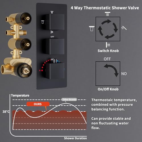 4 Way Thermostatic Shower System Black Shower Faucet Set with 4 Body Jet, Handheld Spray, 12 inch + 8 inch Shower Head - color: Black, size: 12+8" Ceiling Shower