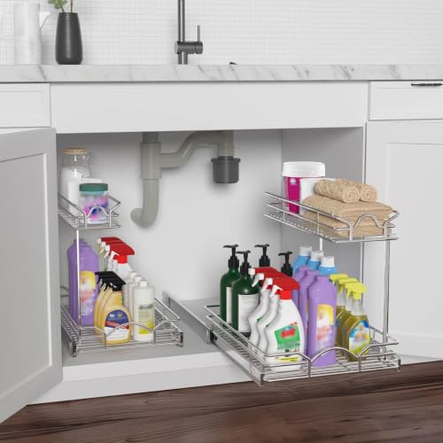 OCG Under Sink Cabinet Organizer Two Tier Pull Out Shelf (14.75W x 17D), Under Sink Sliding Shelf for Kitchen Bathroom Cabinet 2 Tier Chrome - size: 14.75W17D