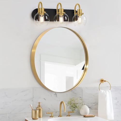 Dpyrrhic Modern 3-Light Vanity Light, Bathroom Lighting Fixture Over Mirror With Clear Glass Shade and Metal Base, Wall Sconces in Matte Black and Gold - color: Black & Gold, size: 3-Light