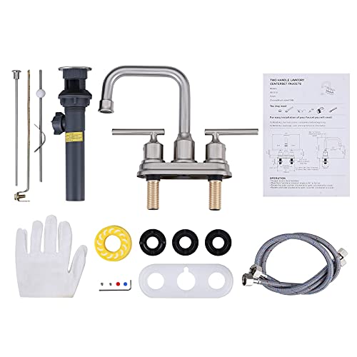 WOWOW Centerset Bathroom Faucet Brushed Nickel: 4 Inch Bathroom Sink Faucets with Lift Rod Drain Assembly Vanity Faucet 2 Handle High Arc Taps Modern - color: Brushed Nickel, style: Centerset - 4 Inch