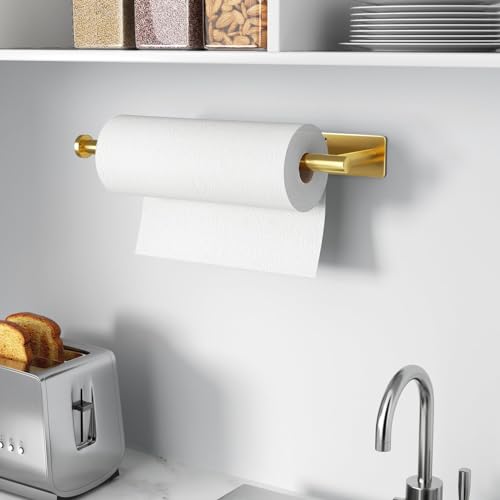 Paper Towel Holder,Self-Adhesive or Drilling, White, 1 Pack | SUS304 Stainless Steel,Kitchen Roll Dispenser Under Cabinet,Wall Mounted Rack - color: Gold