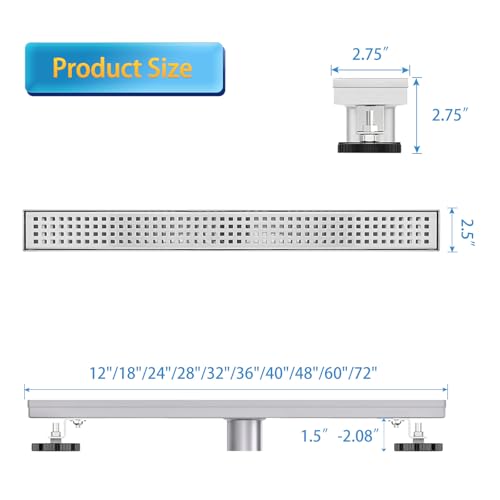 Linear Shower Drain, Shower Drain 32 inch with Removable Grate Cover, Professional AISI 304 Stainless Steel Shower Floor Drain, Linear Drain with Hair Catcher and Leveling Feet | Square Hole Panel,AISI 304 Stainless Steel Fast Drainage Rectangle Hidden Sh