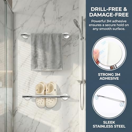 Self Adhesive Towel Bar,16" Chrome No Drill Bathroom 304SS Heavy Duty Towel Rack - color: Chrome, size: 15.7 Inch