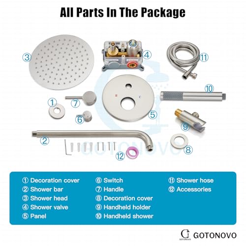 gotonovo Shower Faucet Set with Rough-in Valve Trim Kit,Brushed Nickel | 10 Inch Round Rain Showerhead with Handheld Spray,Bathroom Wall Mount Shower System Complete Combo,2-in-1 Diverter,All Metal - color: Nickel