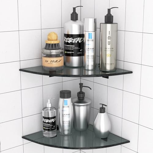 Bakzon 2-Pack Glass Shelf Shower Caddie, Shower Shelves for Inside Shower, Drilling Free Adhesive Wall Mounted Bathroom Organizer Shelves with Aluminium Brackets, Black - color: Black
