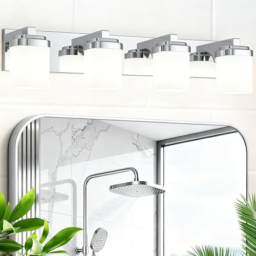 29 Inches Bathroom Vanity Light, 4-Light Chrome Bathroom Light Fixtures Over Mirror, Bathroom Light Shower Lamp with Milky White Square Glass Shade, Modern Farmhouse Lighting Fixtures - color: Chrome, size: 29 Inch : 4-lights