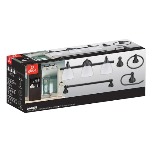 Globe Electric 51227 Jayden 5-Piece All-In-One Bathroom Set, Oil Rubbed Bronze, 3-Light Vanity Light with Frosted Glass Shades, Towel Bar, Toilet Paper Holder, Towel Ring, Robe Hook, Bulb Not Included - color: Oil-Rubbed Bronze