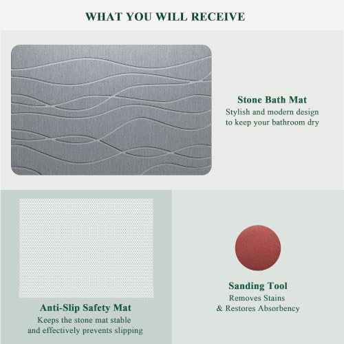 Stone Bath Mat - 23.6" x 15.4" Diatomaceous Earth Bath Mat, Non-Slip High-Absorbency Diatomite, Quick Dry Stone Mat Bathroom, Natural Bathroom Floor Mat & Shower Mat, Gray
