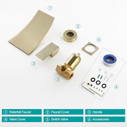 SKOWLL Single Handle Wall Mount Bathroom Sink Faucet, Brushed Gold Waterfall Modern Tub Faucet Set, Waterfall Spout - color: Brushed Gold