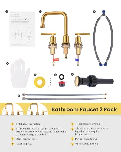 WOWOW Gold Bathroom Faucet 3 Hole, Widespread Vanity Sink Faucets 8 Inch | Copper Inlet Faucet for Bathroom Sink with Swivel Spout, 2 Handles Lavatory Tap with Drain and cUPC Supply Line (Set of 2) - color: Brushed Gold x 2, style: Upgrade-8 Inch