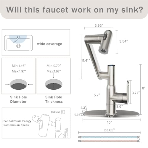 Rotatable Bath Faucet with Temp Display in Fahrenheit, Single Hole Brushed Nickel and 3 Outlet Modes Faucet, Battery-Free - color: Brushed Nickel-F