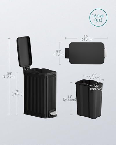 SONGMICS Bathroom Trash Can, 1.6-Gallon (6 L) Trash Bin with Lid, Slim for Small Spaces, Stainless Steel Garbage Can, Soft Close, Black ULTB563B02 - color: Black, style: 1.6 Gal. & fluted design