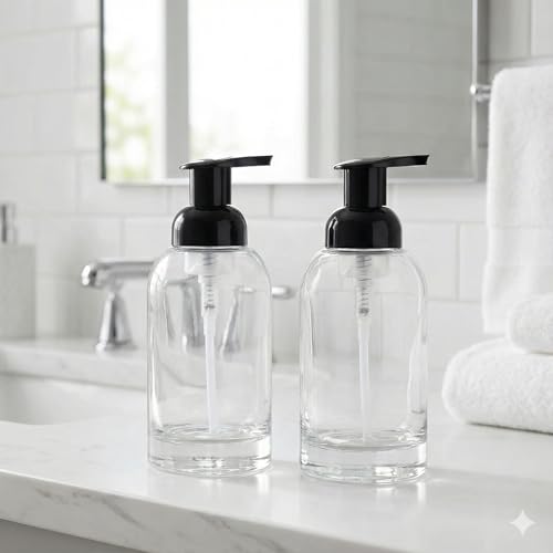 CHBJDAN 2 Pack Thick Clear Glass Jar Soap Dispenser with Foaming Pump, 13 Ounce Clear Round Bottles Dispenser with Foaming Pump (Black, 13oz) | 13 Ounce Clear Round Bottles Dispenser with Foaming Pump, Foam Soap Dispenser