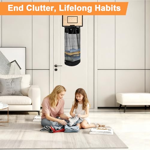 Over the Door Basketball Laundry Basket, 2-in-1 Wooden Basketball Hoop Laundry Hamper, Space Saving Hanging Organizer for Kids, Dirty Clothes Storage with Zipper for Kids Room, Dorm, Bedroom, Bathroom