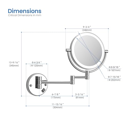 KIBI Circular Wall Mount Makeup Mirror with LED Lights, Dual-Sided 1x/5x Magnifying Mirror with Adjustable Arm, 360° Swivel, Solid Brass Construction for Durability and Style (Chrome, KMM101) - color: Chrome
