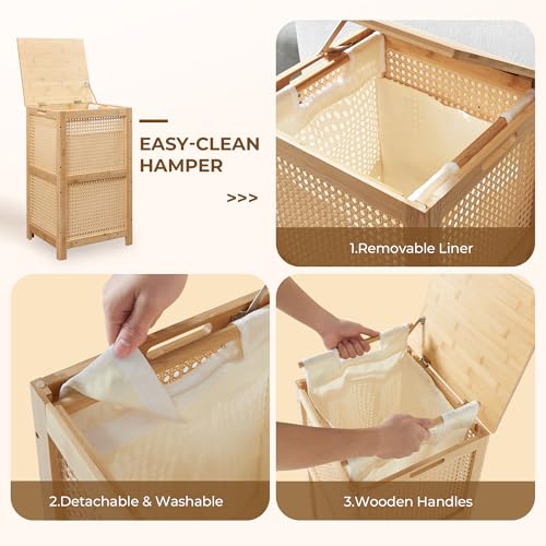 TIOPGHAD Bamboo Wicker Laundry Hamper with Lid, 13 Gal, Natural | Woven wicker, bamboo frame, removable cloth bag, wooden handles, lidded rectangular design, 13.8 x 12.6 x 23.6 in