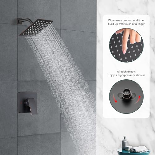 Heyalan 8 Inch Square Rain Shower Faucet Set with Valve, Oil Rubbed Bronze | Female-thread 1/2-inch NPT connections, SUS304 shower head, brass rough-in valve, single-handle control Shower Set - color: Bronze, size: 8 Inch Square Shower Head