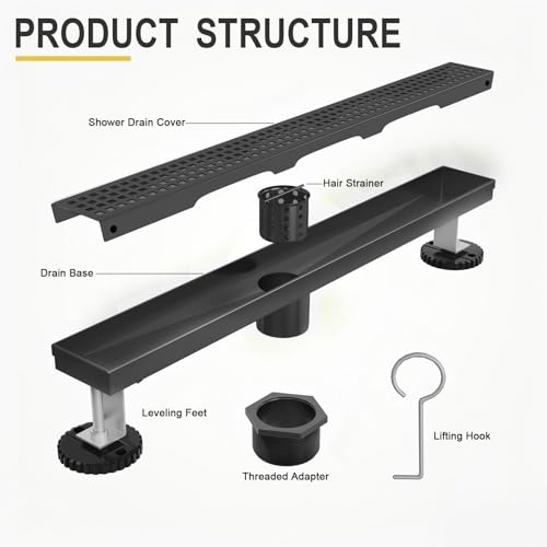 Linear Shower Drain - 12 Inch Matte Black, with Grate Removable | AISI 304 Stainless Steel Shower Drain with Adjustable Feet, Hair Catcher, Rectangle Shower Floor Drain Fits Bathroom, Balcony - color: Matte Black, size: 12 Inch