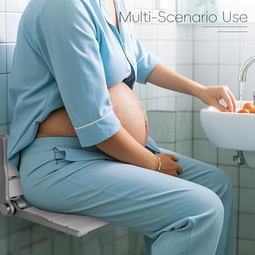 Wall Mounted Shower Seat – 16IN Teak Fold Down Shower Seat for Elderly, Disabled & Pregnant Women – Sturdy Shower Benches for Inside Shower with 400LB Capacity – 2026 Premium White Shower Bench - color: White