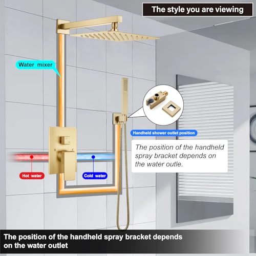 Midanya Shower Faucet Set with Handheld Sprayer,12 Inch,Brushed Gold | Rough-in Shower Valve and Trim Kit Included,Square Rain Head,Wall Mount Shower System,All Metal,Bathroom - color: Gold, size: 12 Inch