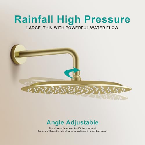 All Metal Rain Shower Head - Heavy Duty Stainless Steel, Easy Install, High Water Flow, Ultra-Thin Modern Design for Bathroom (F-Brushed Gold, 12) - color: Brushed Gold, size: 12