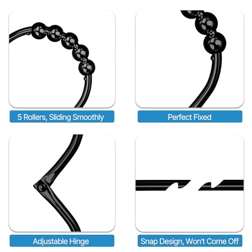 MENGJINGO 12PCS Wide Shower Curtain Hooks Rings, Rust Proof Stainless Steel | Heavy Duty Shower Hooks Rings for Bathroom Shower Rods Curtains Liners, Easy Glide Rollers, Set of 12, Black - color: Black