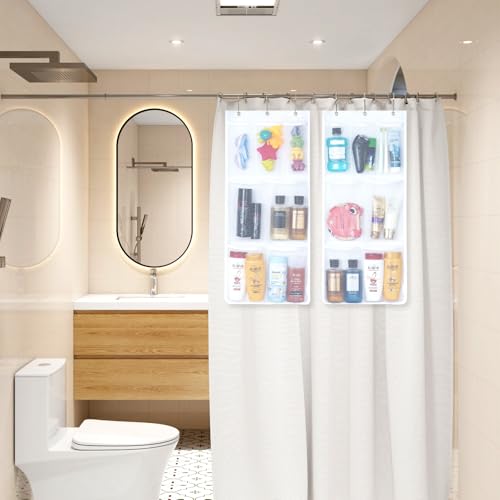 Lifewit Cruise Essentials Shower Caddy Must-Have, 7 Pockets Hanging Bathroom Organizer with Quick-Dry Mesh, Portable Shower Bag to Storage Soap, Shampoo, for RVing, Travel, Camping, White, 1 Pack | 14" x 30", Attached 3 Hooks, Quick-Dry, Portable, Cruise