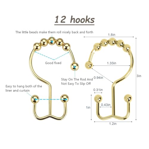Shower Curtain Hooks Rings, Rust Resistant Metal Double Glide Shower Hooks Rings for Bathroom Shower Rods Curtains, Set of 12 Hooks - Gold - color: Gold