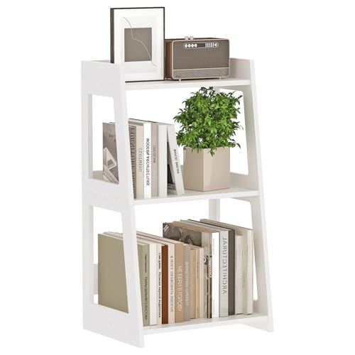 3-Tier Bathroom Ladder Shelf Freestanding, 15.7" W x 27.6" H | White PVC Floor Shelves, Small Bookshelf, Nightstand, for Home Study, Laundry Room, Open Display Rack, 11.8" Deep - size: 11.8"D x 15.7"W x 27.6"H
