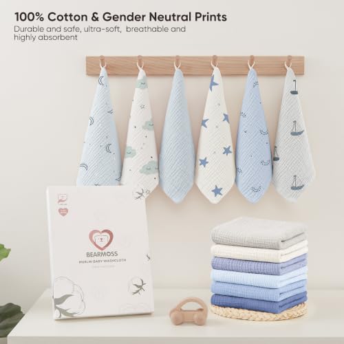 Bearmoss 12 Pack Baby Muslin Washcloths, 100% Cotton 10"x10" Face Towels | Soft Absorbent Bath Wash Cloths and Burp Cloths for Newborn Infants Kids Girls & Boys (Blue Gray) - color: Blue