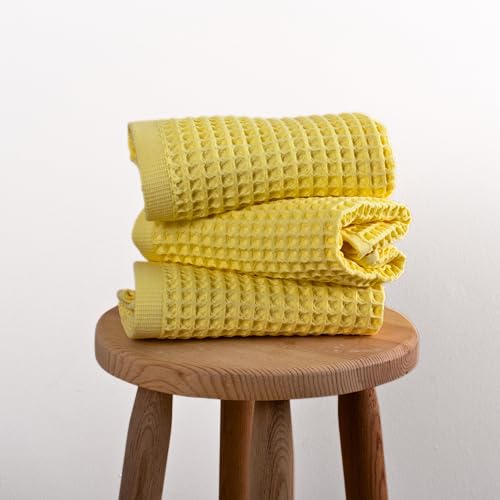 PÜSKÜL Natural 100% Turkish Cotton Waffle Kitchen Towels Set of 3 | Oeko-Tex, Premium Waffle Hand Towels for Bathroom | Soft Absorbent Quick-Dry Lint-Free Dish Towel Large 32x16 inch (3, Light Yellow) - color: Light Yellow