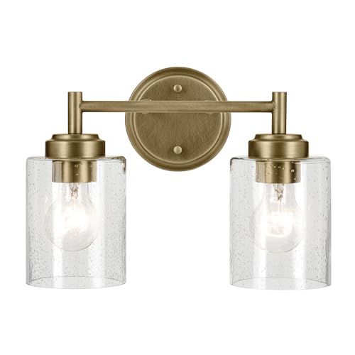 Kichler Winslow 2-Light Farmhouse Vanity Light, Natural Brass | Clear seeded glass vanity light with industrial styling (13" x 9.25" x 6.5"), 45885NBR - color: Natural Brass, size: 13"
