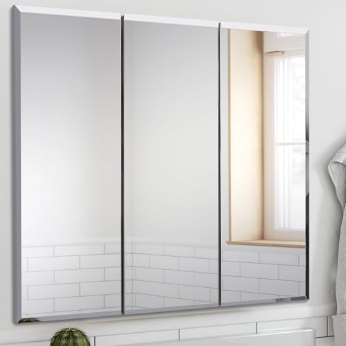 Design House Cyprus Medicine Cabinet, 3 Frameless Mirrored Doors, 2 Adjustable Shelves, Pre-Assembled, Surce or Recess-Mounted, White, 36.3 in. W x 4.4 in. D x 30.1 in. H, 590265 | Adjustable Shelves, Wall Mount, Contemporary/Modern, Wood, Bath, 590265 -
