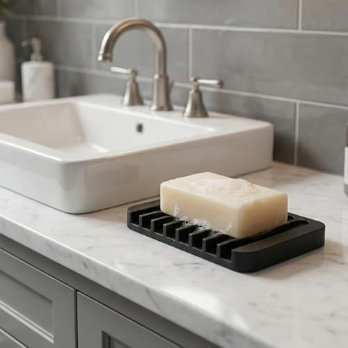 4-Pack Self Draining Soap Dish for Shower Bathroom Waterfall Silicone Soap Saver Tray Sponge Holder for Kitchen Sink Non-Slip Easy Clean Black - color: Black