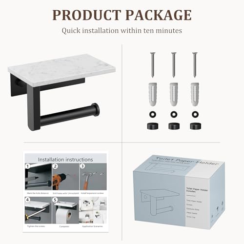 BWE Matte Black Toilet Paper Holder with Marble Shelf Wall Mounted | Toilet Paper Roll Holder with Phone Shelf 304 Stainless Steel Tissue Holder for Bathroom Washroom,Saving Space - color: Black