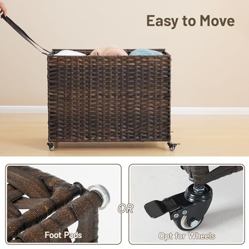 Laundry Hamper with Wheels, 60.72 Gallon(230L) Rolling Laundry Basket with Lid, Removable Large 3 Color Liners & 3 Mesh Laundry Bags, Clothes Hamper with Side Pocket, Brown - color: Brown, size: 35.43"L x 15.75"W x 25.6"H