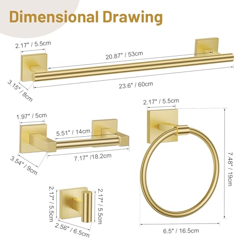 Lairuier Brushed Gold Bathroom Accessories, Towel Bar Set Wall Mounted | 5 Pieces Bathroom Hardware Set, SUS304 Stainless Steel Double Base 23.6" Towel Bar, Towel Ring, Toilet Paper Holder & Hooks - color: Brushed Gold, size: 5 Pieces - Double Base