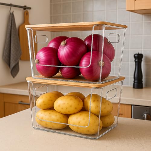 CiWiVOKi 6 Pack Clear Stackable Storage Bins with Bamboo Lids, Trash Bag Holder Dispenser Under Sink Organizer for 4-13 Gal Bags, Plastic Storage Containers for Pantry Bathroom Kitchen Organization - size: 6 Pack
