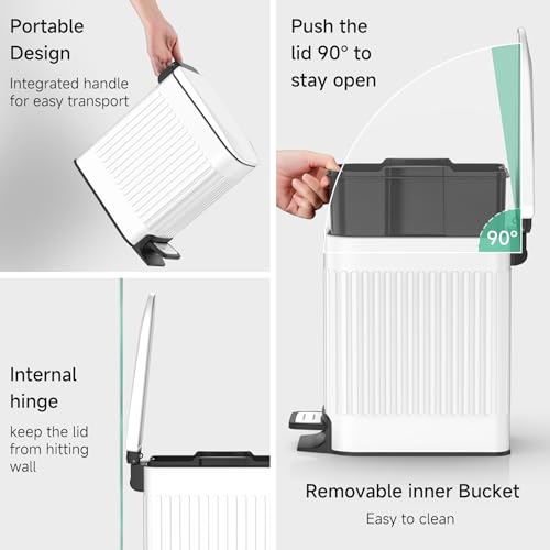 TIPGO Slim Bathroom Trash Can with Lid Soft Close, Step Pedal, 6 Liter / 1.6 Gallon Stainless Steel Trash Bin, Small Garbage Cans for Bedroom, Office, Kitchen (White) - color: White
