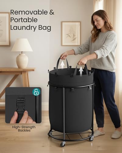 SONGMICS Laundry Basket with Wheels, Rolling Laundry Hamper with Steel Frame, Removable Liner Bag, 45 Gallon (170 L), Ink Black URLS030BH01 - color: Ink Black, size: 170L-Rolling Round