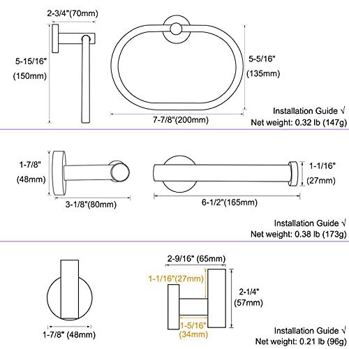 Angle Simple Bathroom Hardware Set Matte Black, Bathroom Accessories 4 Pcs | SUS304 Stainless Steel, Bath Fixture Set with Robe Hook x 2, Toilet Paper Holder and Rotary Towel Ring, Screw Mount - color: Matte Black