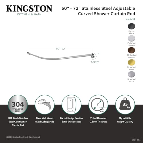 Kingston CC6727 Single Curved Shower Curtain Rod, Brushed Brass