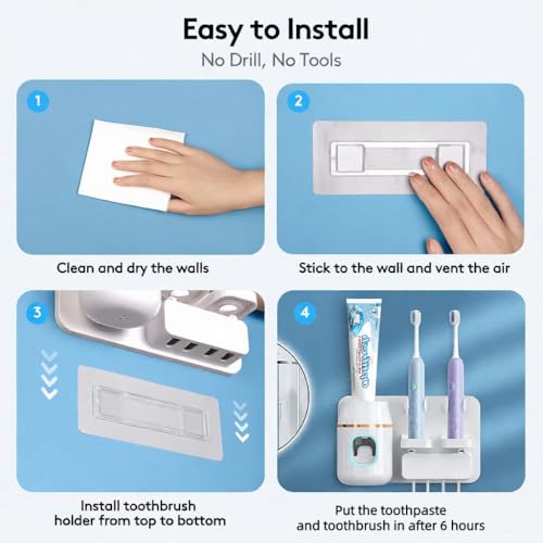 TuCao Wall Mounted Toothbrush Holder with Automatic Toothpaste Dispenser, No Drill Bathroom Organizer White