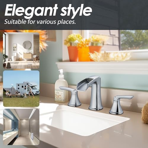 Chrome Waterfall Bathroom Faucet, Sanliv 3-Piece Widespread Bathroom Sink Faucets, 2-Handle Vanity Faucet for 3-Hole Sinks 4-8 Inch with Pop-Up Drain, Polished Chrome - color: Chrome