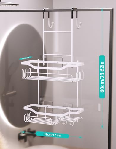 HapiRm Hanging Shower Caddy Over the Door with Soap Holder, No Drilling Adhesive Shower Organizer with 11 Hooks, Rustproof & Waterproof 304 Stainless Steel Bathroom Shelves - White - color: White-2