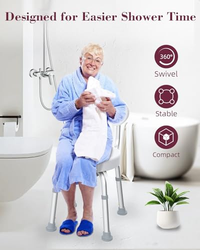 Swivel Shower Chair, 360° Non-Slip Shower Seat with Backrest for Elderly and Disabled, Height Adjustable Rotating Tub Bench for Seniors Bathroom Inside Shower with Compact Frame (White) - color: White