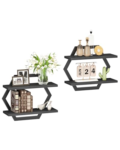 Hexagon Floating Shelves for Wall, Set of 2, 2 -Tier Hanging Shelves, Wall Mounted Storage Shelves, for Living Room, Bedroom, Kitchen, Home Office, Study, Black TBJ06P2BB - color: Black